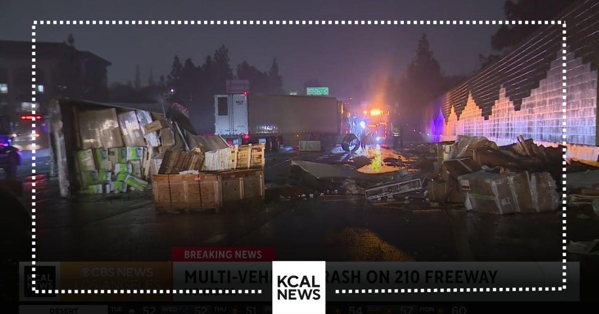 Overturned big rig causing backups on 210 Freeway in Monrovia - CBS Los ...