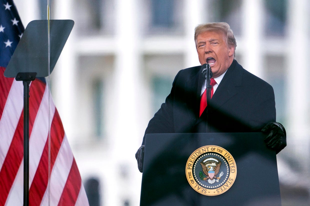 Then-President Donald Trump speaks during a rally protesting the Electoral College certification of Joe Biden's win in the 2020 presidential race on Jan. 6, 2021. 