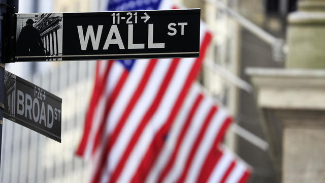 Street sign of Wall Street with American flags 
