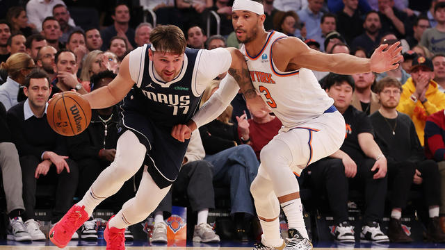 Luka Doncic #77 of the Dallas Mavericks drives against Josh Hart #3 of the New York Knicks during their game at Madison Square Garden on February 08, 2024 in New York City. 