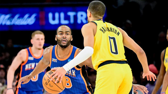 Alec Burks #18 of the New York Knicks defends Tyrese Haliburton #0 of the Indiana Pacers during the second half at Madison Square Garden on February 10, 2024 in New York City. 