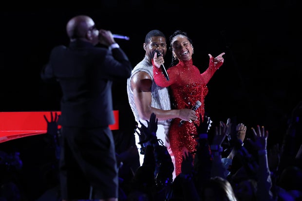 Usher and Alicia Keys during the Apple Music Super Bowl LVIII Halftime Show