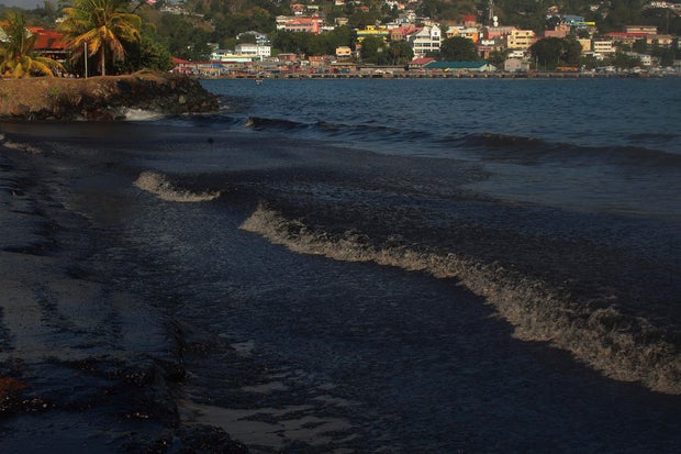 View of the oil spill at Rockly Bay in Tobago island, Trinidad and Tobago, on February 10, 2024. An oil spill caused by a mysterious ship that ran aground in the waters of Trinidad and Tobago