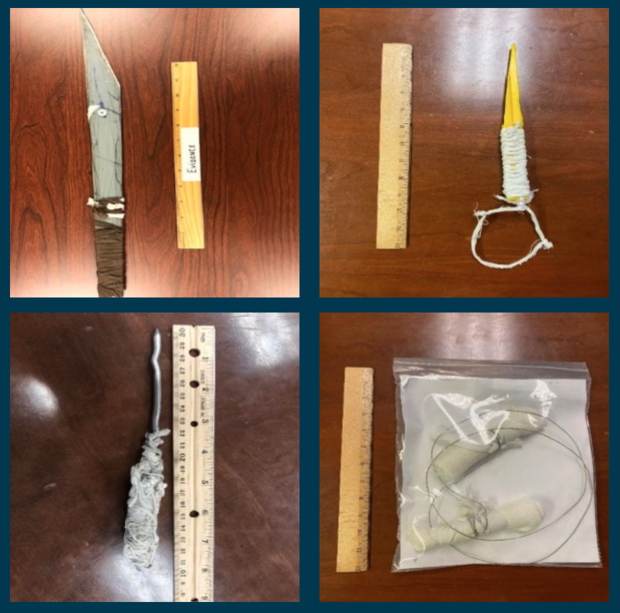 Examples of makeshift weapons and contraband found at various federal prison facilities. 