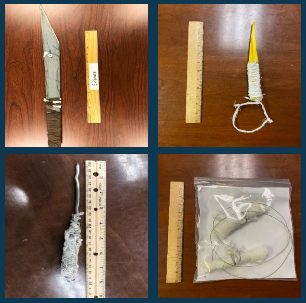 Examples of makeshift weapons and contraband found at various federal prison facilities.
