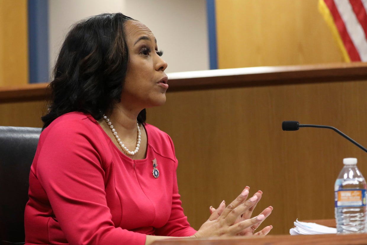 Fulton County District Attorney Fani Willis testifies during a hearing on the Georgia election interference case, Thursday, Feb. 15, 2024, in Atlanta. 