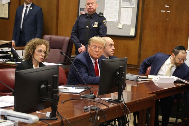 Former President Donald Trump attends a pretrial hearing in a New York courtroom on Thursday, Feb. 15, 2024.