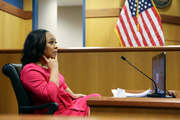 Fulton County District Attorney Fani Willis takes the stand as a witness during a hearing on the Georgia election interference case, Thursday, Feb. 15, 2024, in Atlanta.