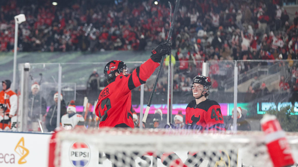 Nico Hischier scores twice as Devils beat Flyers before crowd of
70,328 at MetLife Stadium