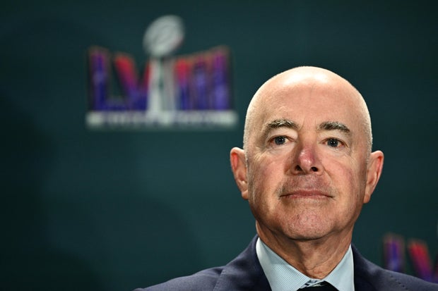 Homeland Security Secretary Alejandro Mayorkas speaks in Las Vegas on Feb. 7, 2024.