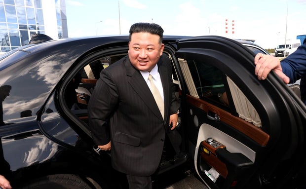 North Korean leader Kim Jong Un steps out of his Maybach limousine upon arriving at the Russian Vostochny Cosmodrome to meet with Russian President Vladimir Putin, in Russia's Far East, Sept. 13, 2023