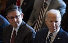 US President Joe Biden, right, US House Speaker Mike Johnson, a Republican from Louisiana, left, during the National Prayer Breakfast at the US Capitol in Washington, DC, US, on Thursday, Feb. 1, 2024. 
