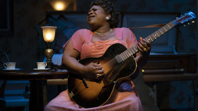 Jamecia Bennett playing the role of Sister Rosetta Tharpe played the guitar during a play dress rehearsal of Marie and Rosetta, the story of Sister Rosetta Tharpe at the Park Square Wednesday November 20, 2018 in St. Paul, MN.]  Jerry Holt ‚Ä¢ Jerry.ho 