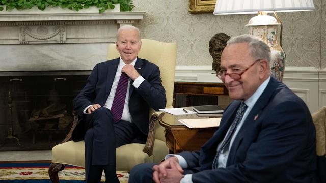 President Joe Biden speaks during a meeting with Senate Majority Leader Chuck Schumer and other top congressional leaders in Washington, DC, on May 9, 2023. 