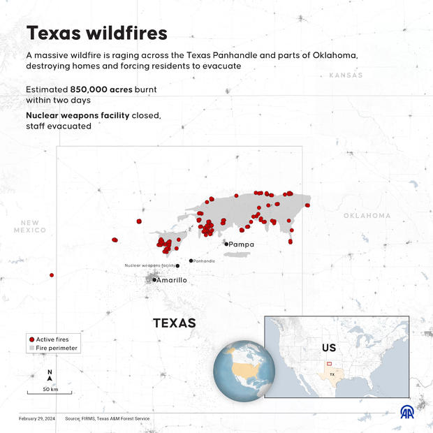 A map created on Feb. 29, 2024, shows where wildfires are raging across the Texas Panhandle and parts of Oklahoma. 