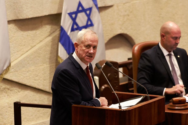 Israel's former defense minister Benny Gantz speaks during a parliament meeting in Jerusalem on July 10, 2023.