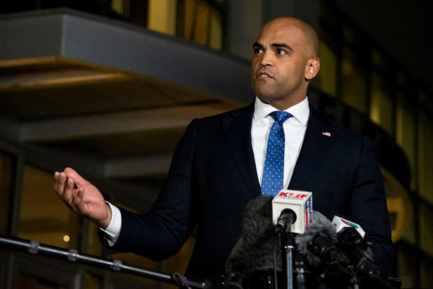 Rep. Colin Allred speaks to reporters on Jan. 17, 2022, in Southlake, Texas. 