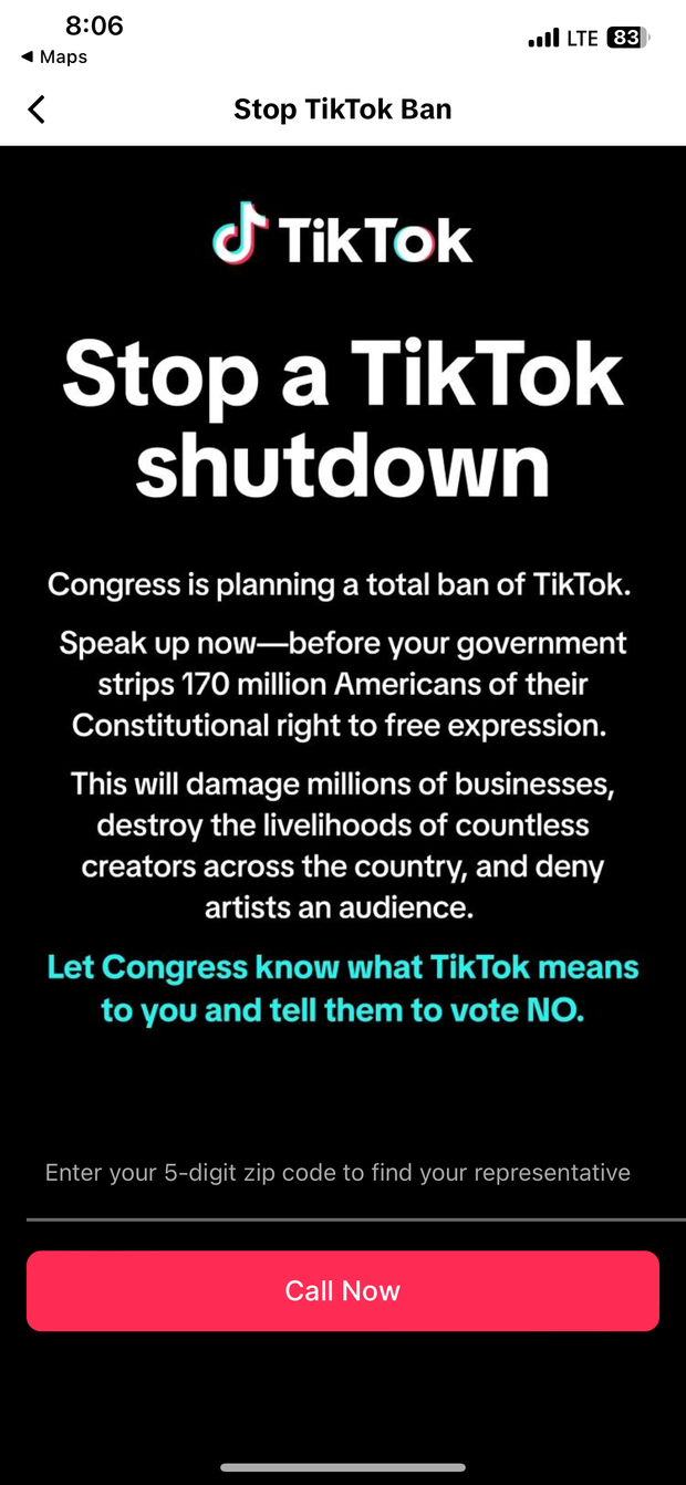 Poruka koja se pojavila za neke korisnike TikToka u četvrtak, 7. ožujka 2024., pozivajući ih da kontaktiraju svoje članove Kongresa. 