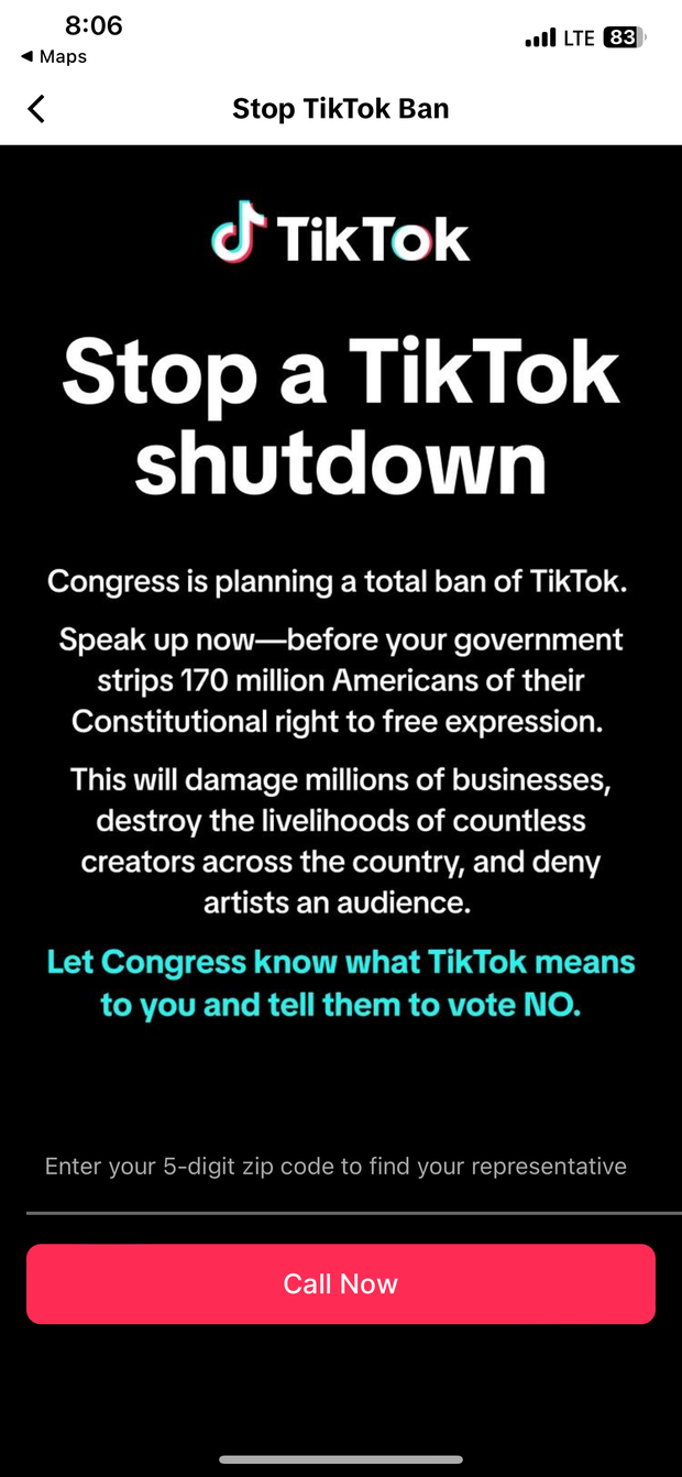 The message that appeared for some TikTok users on Thursday, March 7, 2024, imploring them to contact their members of Congress.