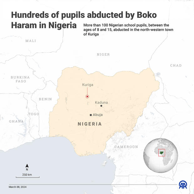 A map and infographic shows the location of the town of Kuriga, in northern Nigeria's Kaduna state, where more than 280 schoolchildren were said to have been abducted on March 7, 2024. 
