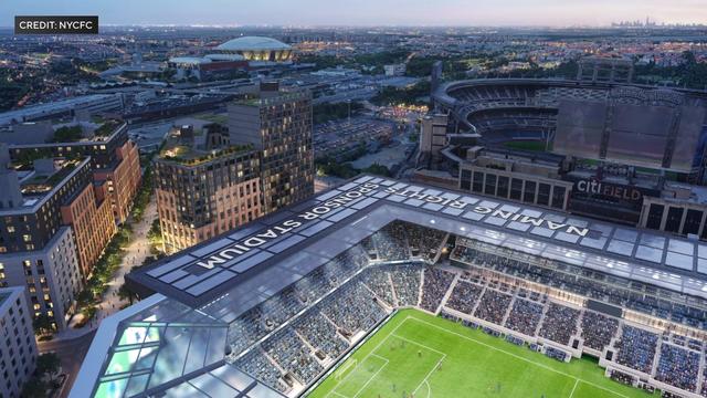An artist's rendering of plans for a soccer stadium across the street from Citi Field in Queens. 