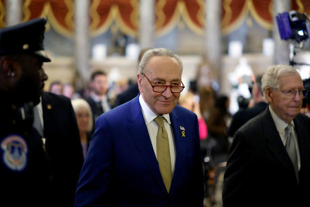 Senate Majority Leader Chuck Schumer in Statuary Hall ahead of a State of the Union address at the Capitol in Washington on Thursday, March 7, 2024. 