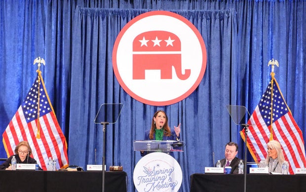 Outgoing Republican National Committee Chair Ronna McDaniel speaks at the RNC spring meeting on March 8, 2024, in Houston, Texas.