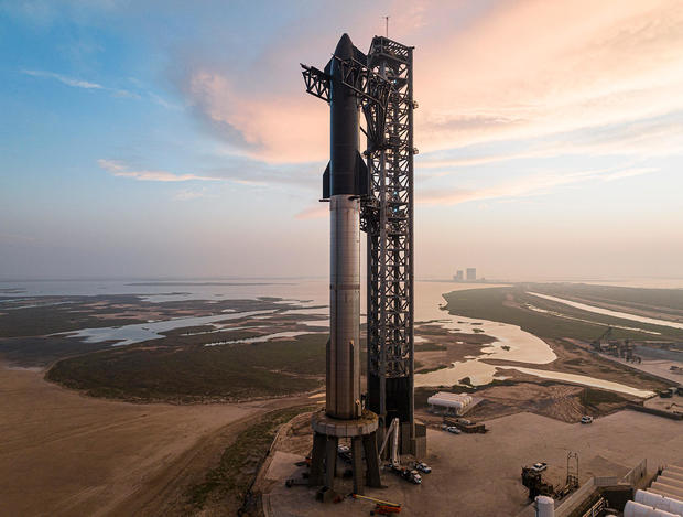 A file photo of a Super Heavy-Starship rocket on the launch pad 