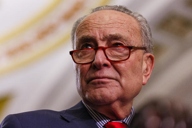 Senate Majority Leader Chuck Schumer speaks to the media during a weekly press conference in the Capitol Building in Washington, D.C., March 12, 2024. 