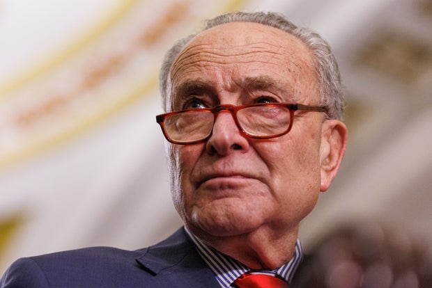 Senate Majority Leader Chuck Schumer speaks to the media during a weekly press conference in the Capitol Building in Washington, D.C., March 12, 2024.