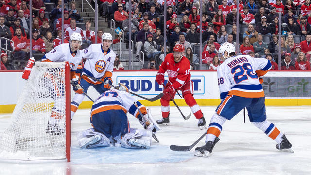 Andrew Copp #18 of the Detroit Red Wings scores a goal on Ilya Sorokin #30 of the New York Islanders during the third period at Little Caesars Arena on March 21, 2024 in Detroit, Michigan. Detroit defeated the New York Islanders 6-3. 