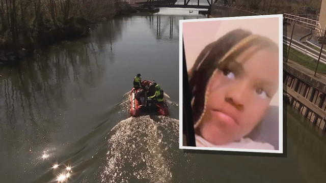 A photo of the boat searching Chester Creek with an inset photo of Li'najah Brooker 