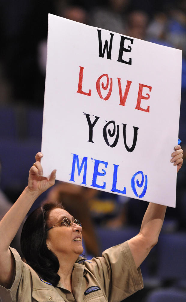 Nuggets fan Vicki Ray showed her appreciation for Melo. The Denver Nuggets basketball team scrimmaged at the 1st Bank Center in Broomfield Tuesday night, October 5, 2010. Karl Gehring/The Denver Post 