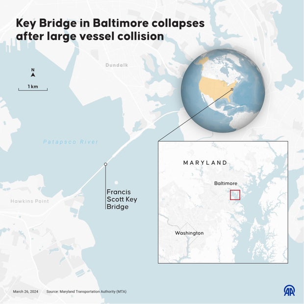Map showing location of Key Bridge in Baltimore
