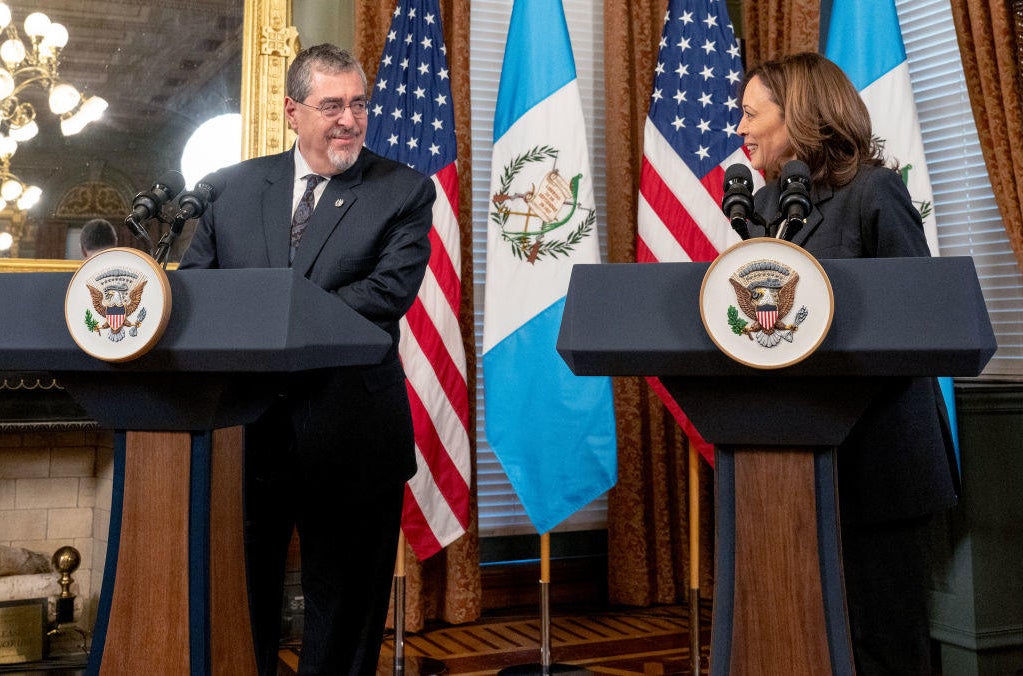Guatemalan President Bernardo Arévalo and Vice President Kamala Harris during a meeting in the Vice President's Ceremonial Office in Washington, D.C., on Monday, March 25, 2024. 