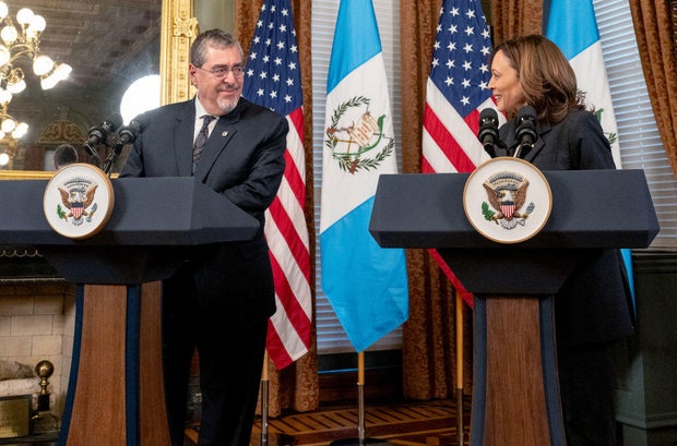 Guatemalan President Bernardo Arévalo and Vice President Kamala Harris during a meeting in the Vice President's Ceremonial Office in Washington, D.C., on Monday, March 25, 2024.