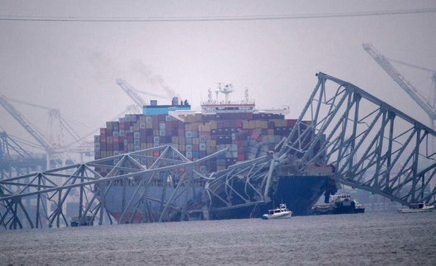 The wreckage of the Francis Scott Key bridge after it collapsed when a container ship plowed into it.