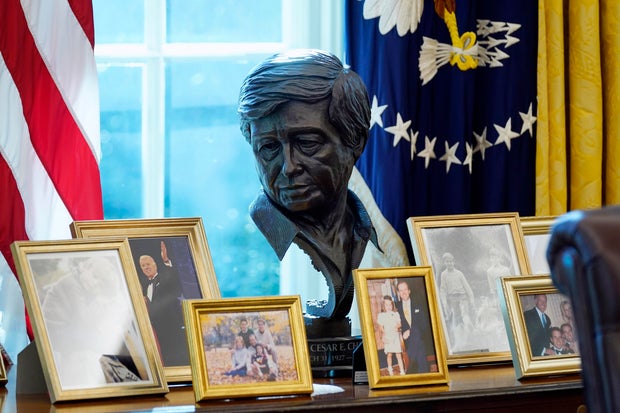 A sculpture of Cesar Chavez is seen in the Oval Office on January 28, 2021.