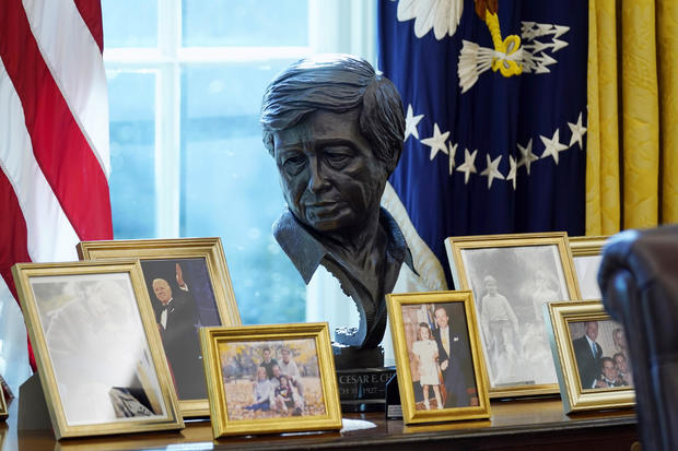 A sculpture of Cesar Chavez is seen in the Oval Office on January 28, 2021. 
