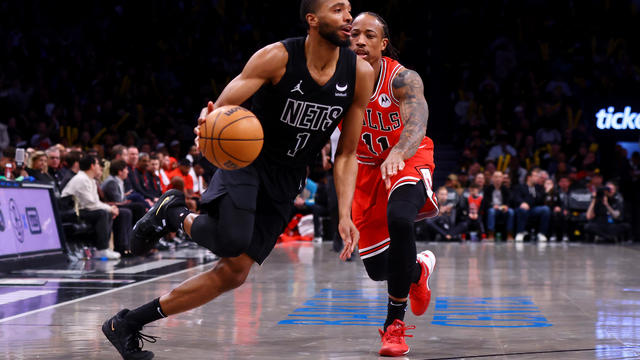 Mikal Bridges #1 of the Brooklyn Nets drives to the basket against DeMar DeRozan #11 of the Chicago Bulls at Barclays Center on March 29, 2024 in New York City. 