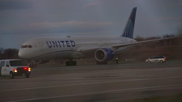 A United Airlines plane on a runway at Stewart Airport. 