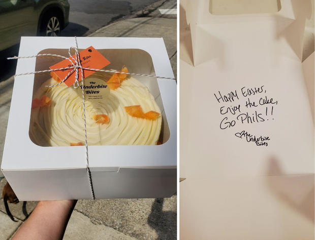 Two images, on the left, a carrot cake from a bakery; on the right, a note that says, Happy Easter, enjoy the cake, go Phils! 