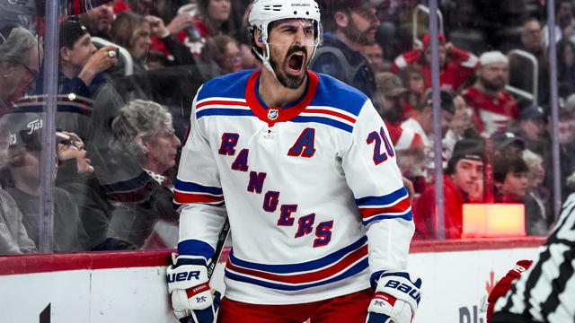Chris Kreider #20 of the New York Rangers reacts after scoring a goal against the Detroit Red Wings during the third period at Little Caesars Arena on April 05, 2024 in Detroit, Michigan. 