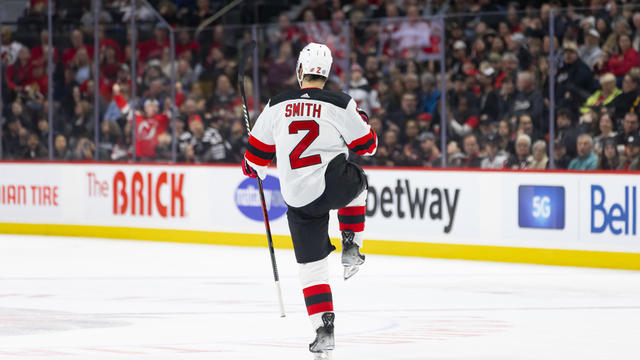 New Jersey Devils Defenceman Brendan Smith (2) celebrates his goal during first period National Hockey League action between the New Jersey Devils and Ottawa Senators on April 6, 2024, at Canadian Tire Centre in Ottawa, ON, Canada. 