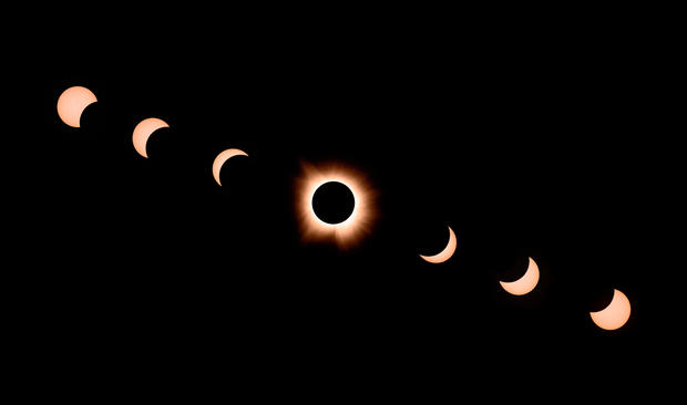 A sequence of photos shows the moon passing by the sun during a total solar eclipse 