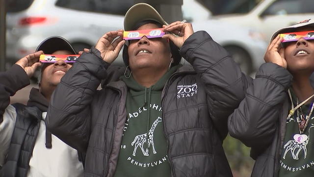 Three people, two wearing Philadelphia Zoo sweatshirts and all three wearing eclipse glasses, look up at the sky 
