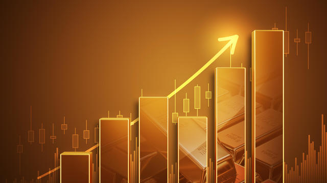 Growth gold bar financial investment stock diagram on 3d profit graph background of global economy trade price business market concept or capital marketing golden banking chart exchange invest value. 
