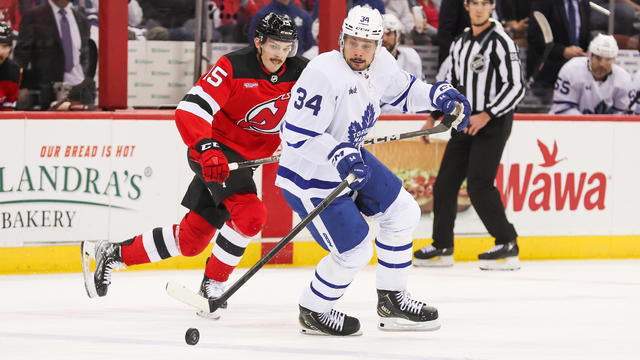 Toronto Maple Leafs center Auston Matthews (34) skates with the puck during a game between the Toronto Maple Leafs and New Jersey Devils on April 9, 2024 at Prudential Center in the Newark, New Jersey. 