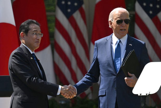 President Biden and Japanese Prime Minister Fumio Kishida shake hands after a joint press conference in the Rose Garden of the White House on April 10, 2024.