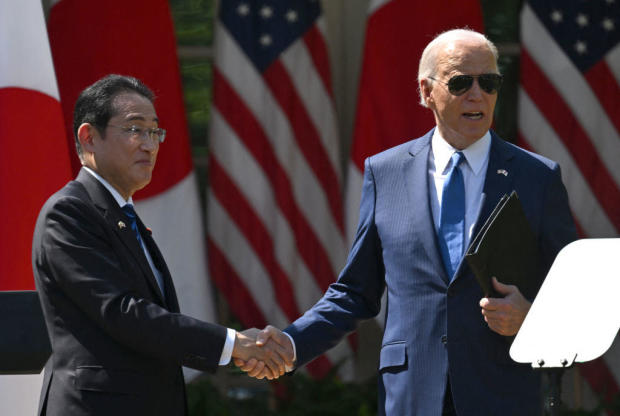 President Biden and Japanese Prime Minister Fumio Kishida shake hands after a joint press conference in the Rose Garden of the White House on April 10, 2024. 